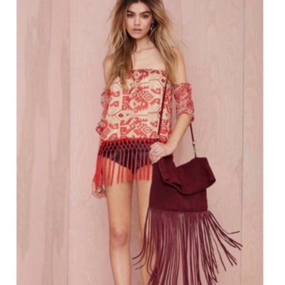 Line & Dot bohemian off the shoulder red lace top with tassels